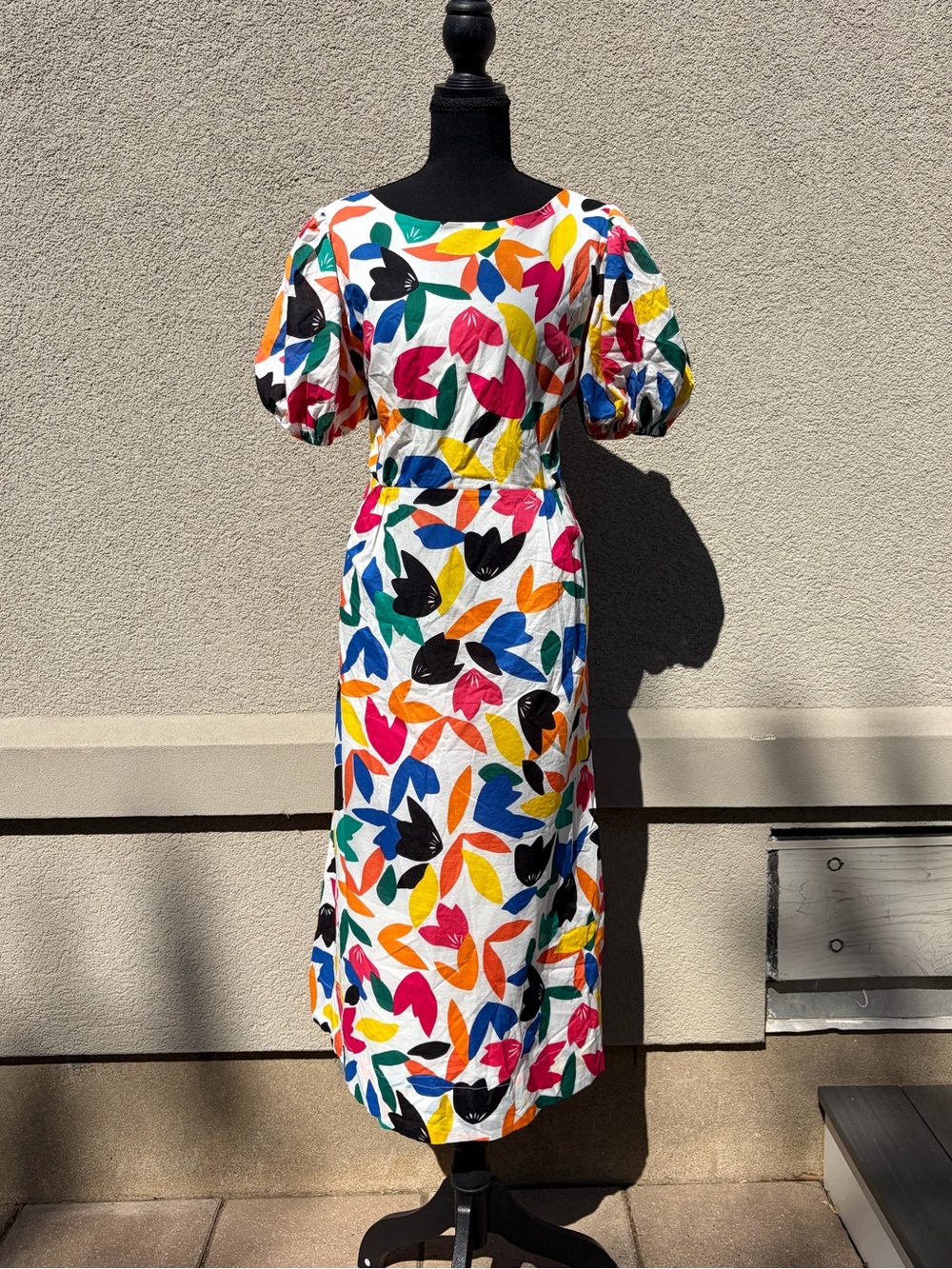 Calvin Klein Colorful Abstract Floral Puff Sleeve Midi Dress
